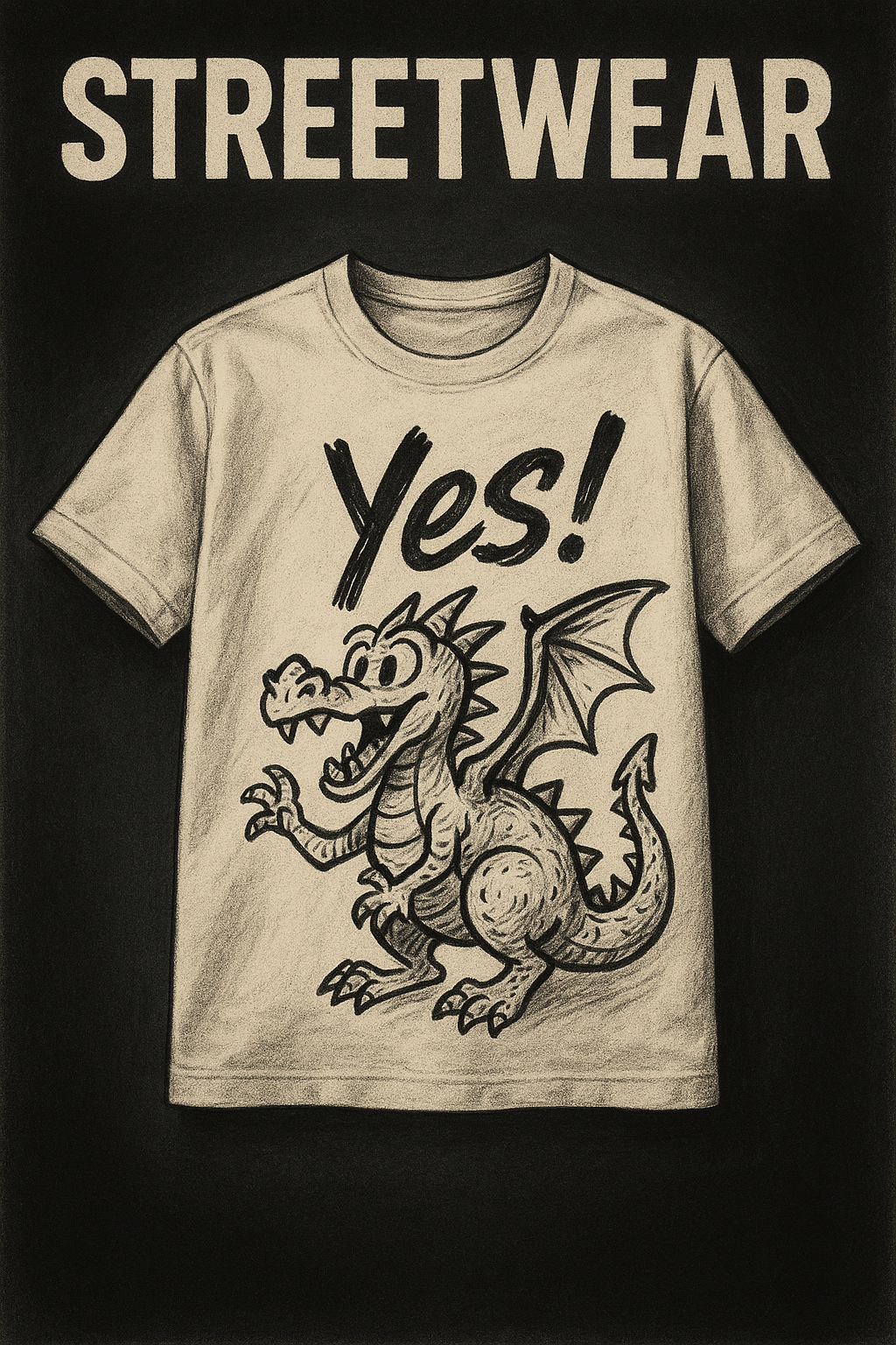 Hand-drawn streetwear t-shirt flat‑lay with a playful dragon and ‘Yes!’ graphic — Caligornia