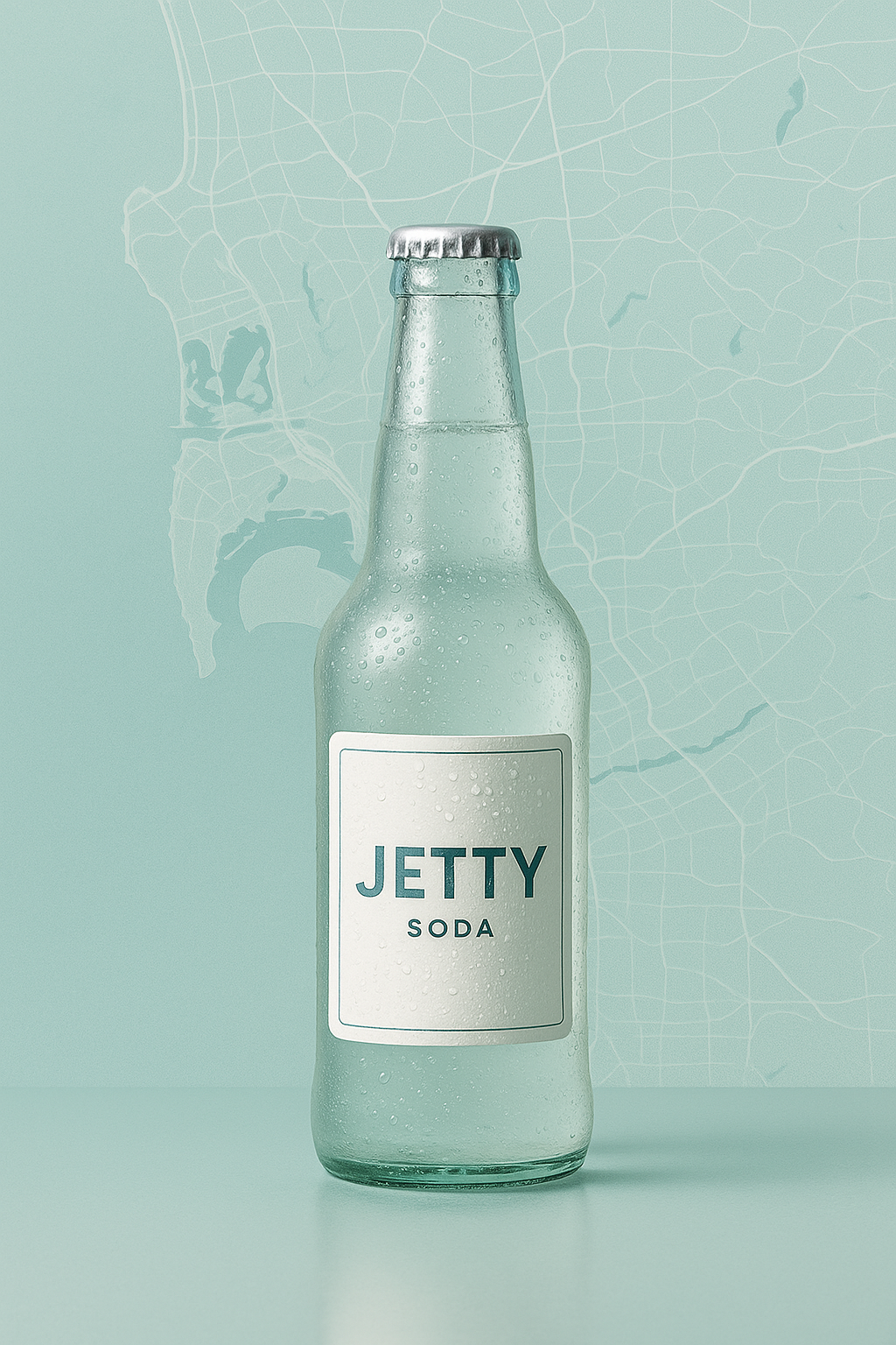 Clear glass Jetty Soda bottle with condensation; soft San Diego map backdrop