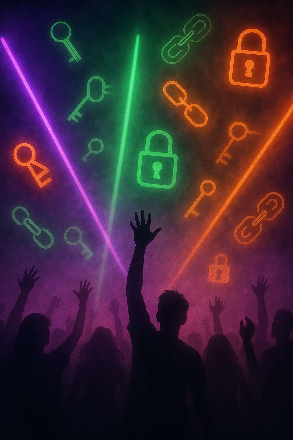 Neon Halloween party with fog, laser beams, and cryptographic symbols woven into the lights