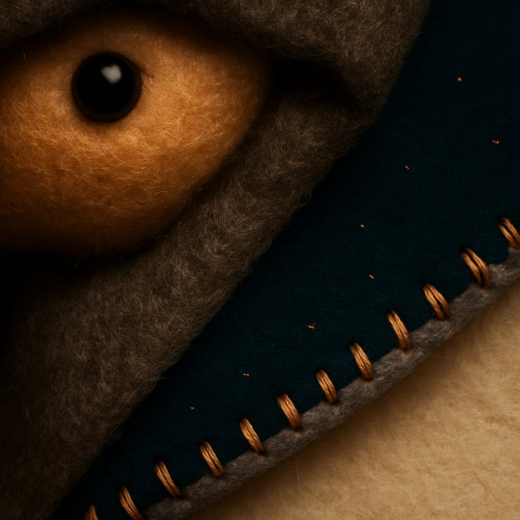 Macro detail of hand-stitched felt and bronze-thread blanket stitches.