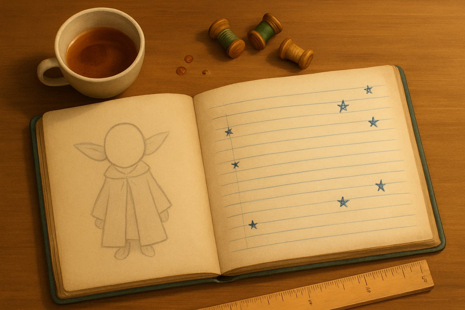 Overhead desk scene with an open parchment ledger, a puppet sketch on the left page, stars on the right page, a teacup, ruler, and thread spools in warm light.