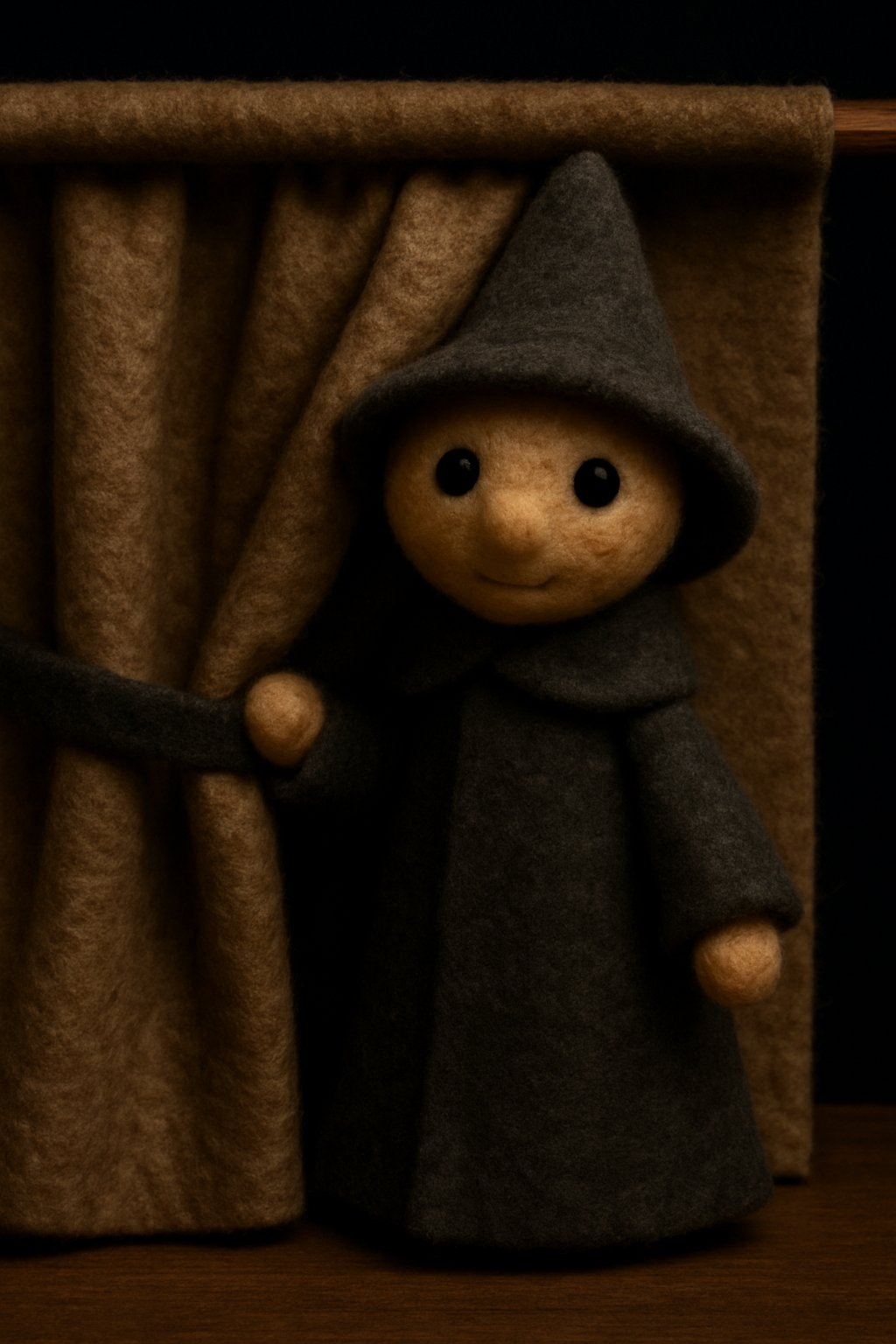 A puppet peeks from behind a felt curtain on a miniature stage.