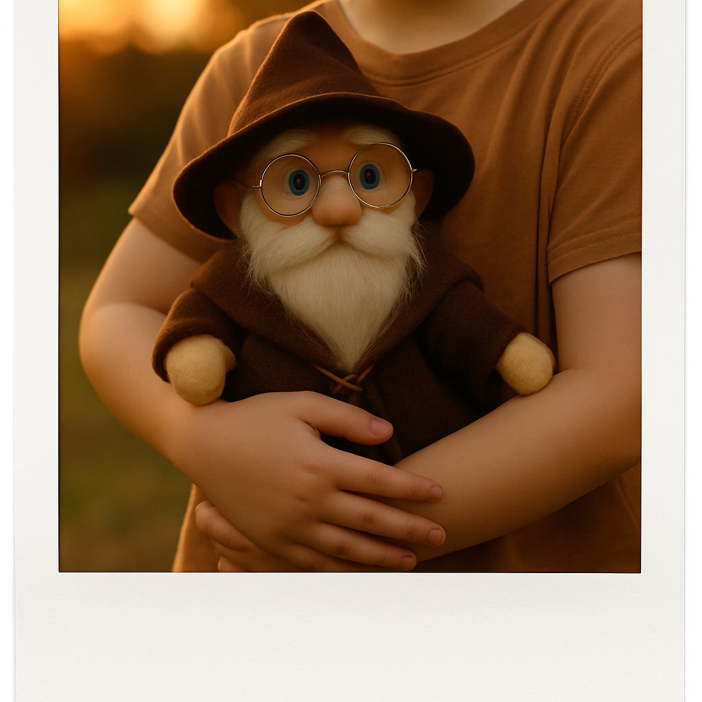 Polaroid photo of a child hugging a handmade wizard puppet at sunset.