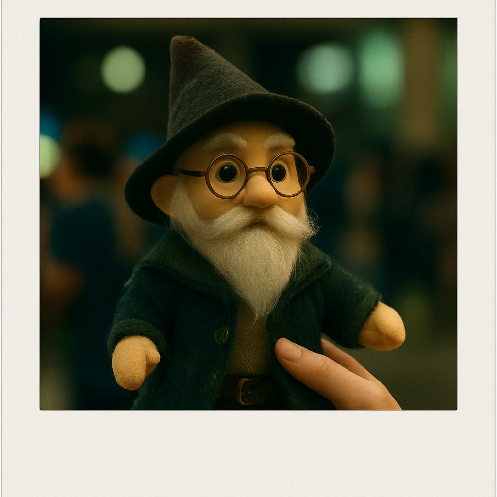 Polaroid photo of an adult hand animating a wizard puppet at a lively convention.