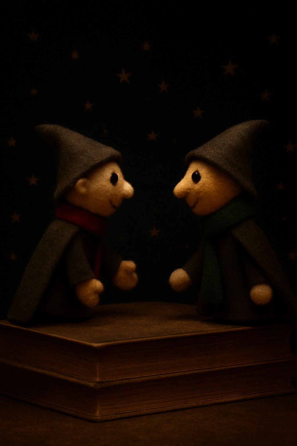 Two puppets bow on a tiny stage; a soft play icon indicates a video.