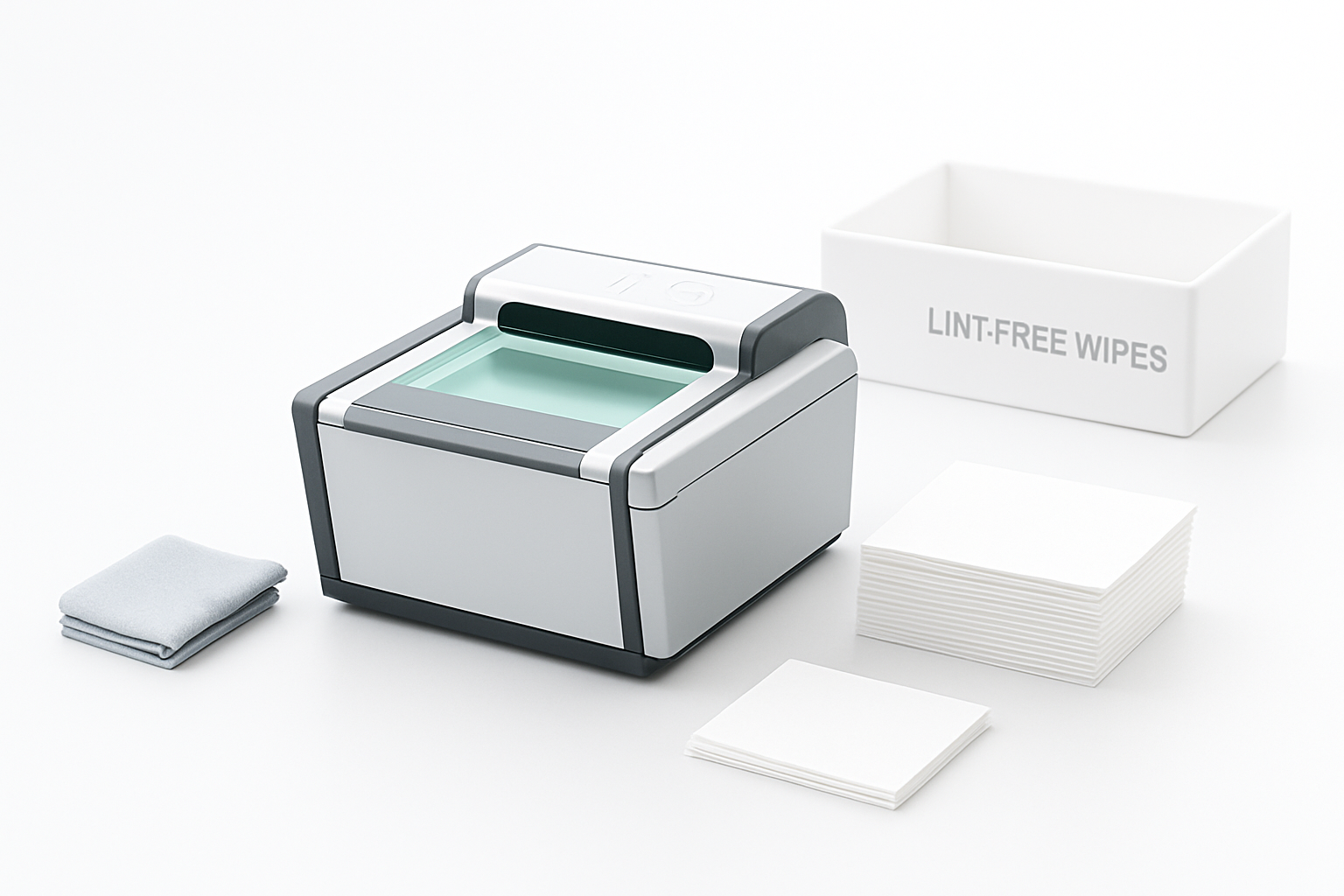 Meticulously organized fingerprinting workstation with a modern Livescan device and lint-free wipes.