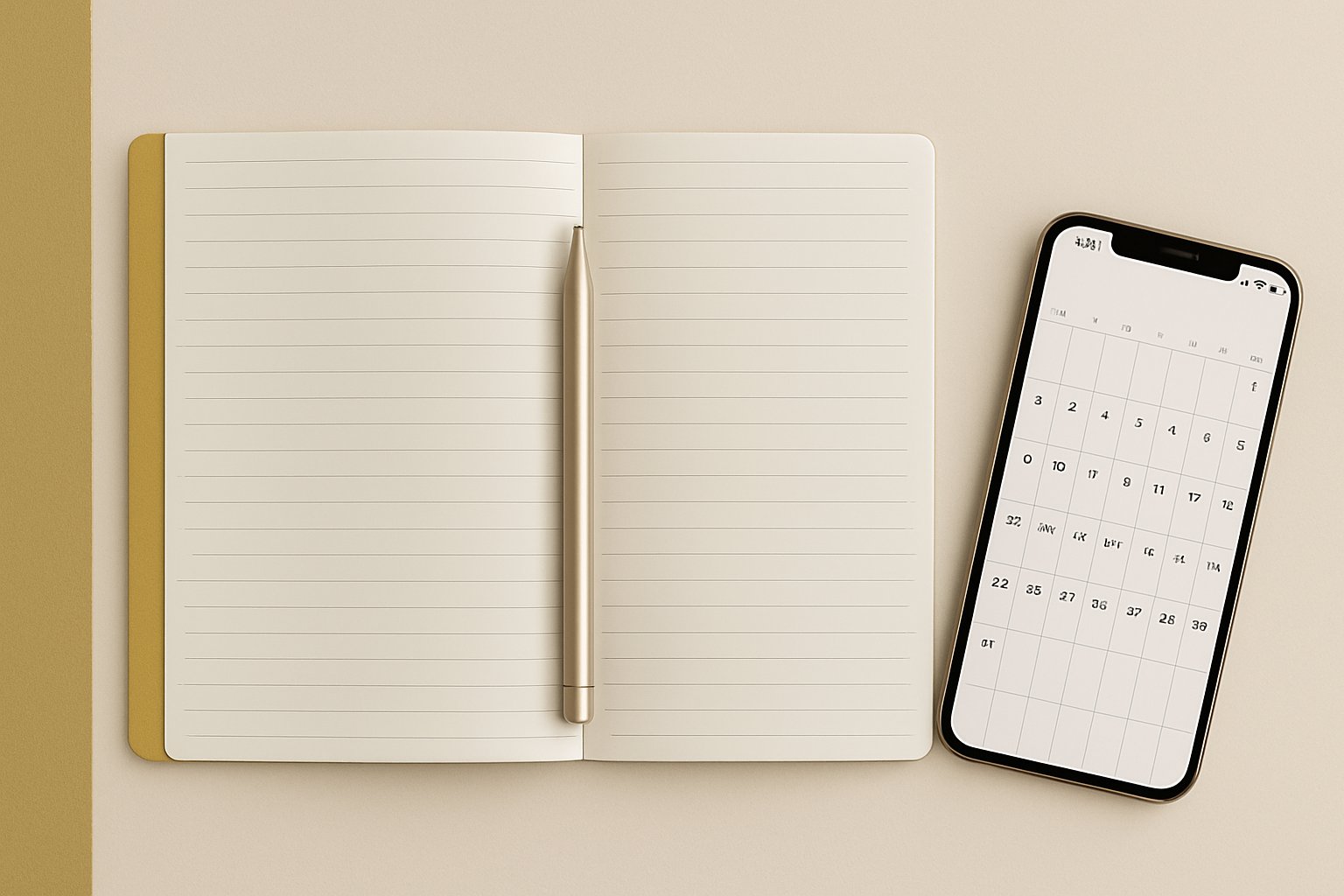 Open planner with a matte metal pen and a smartphone showing a clean calendar layout on a neutral desk.