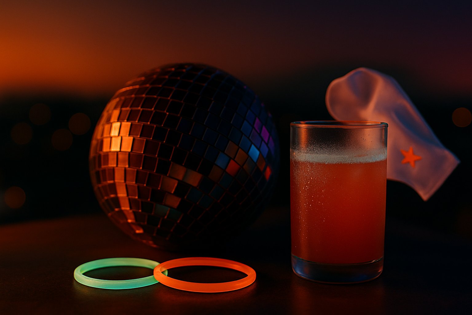 Moody rooftop still-life: disco ball, glowing bracelets, and a frosty mocktail at sunset.