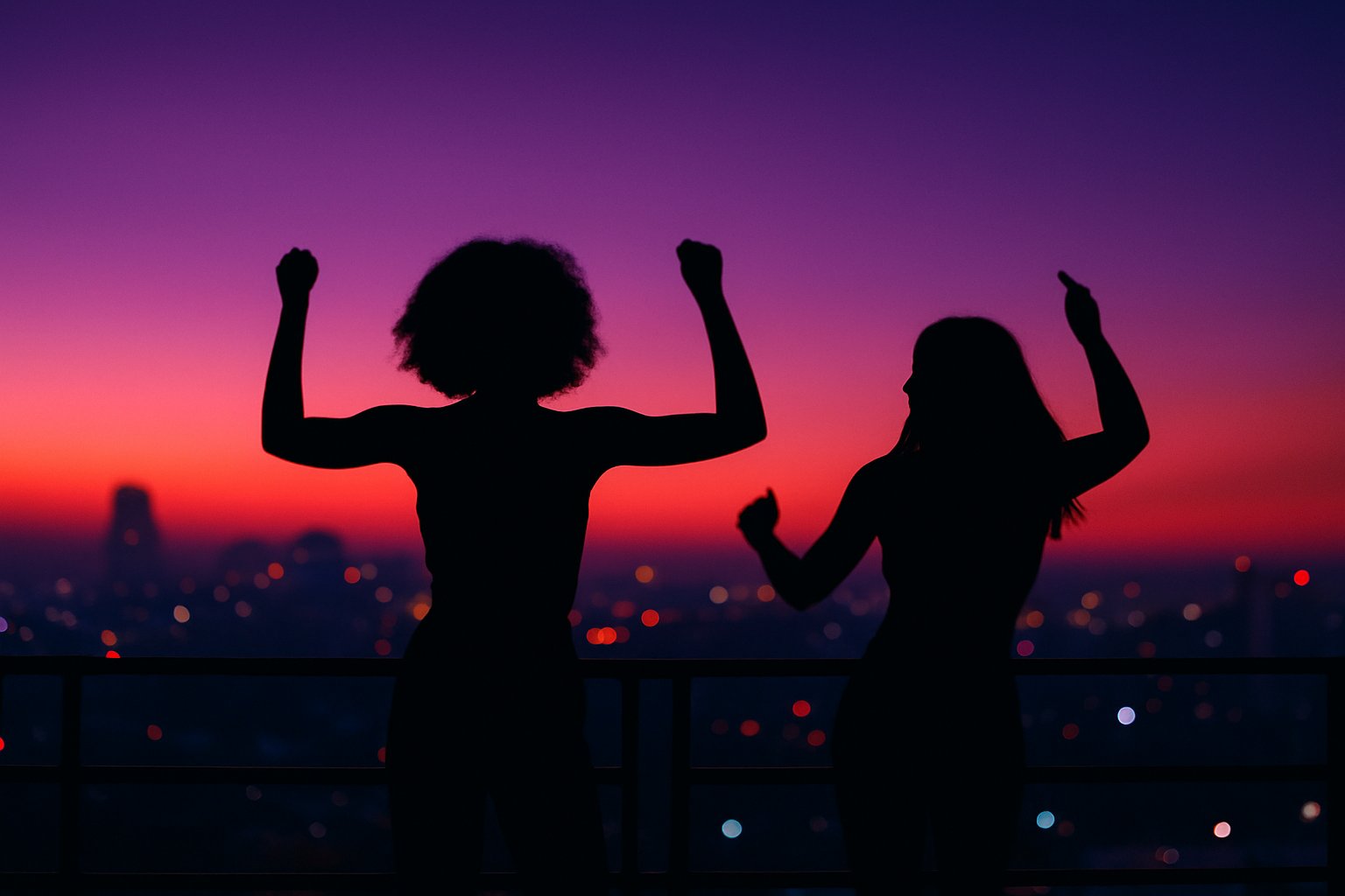 Friends dancing under blacklight with neon face paint and glow sticks.