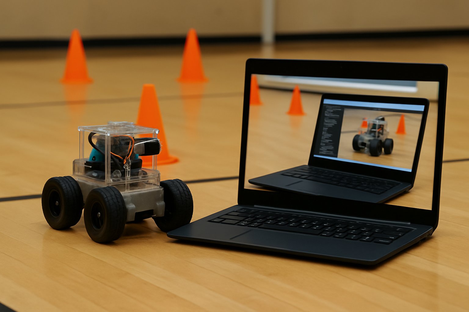 Clear-bodied robot beside a laptop on a gym floor with orange cones for navigation.