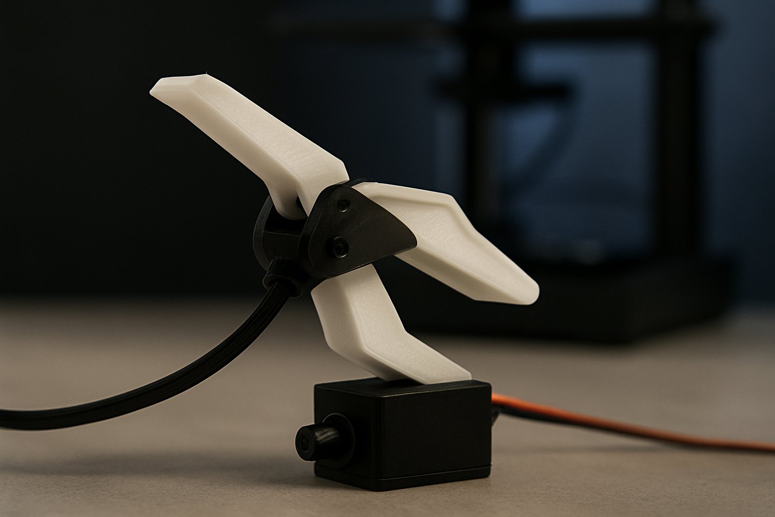 Close-up of 3D-printed white claw mounted to a servo arm on a workbench.