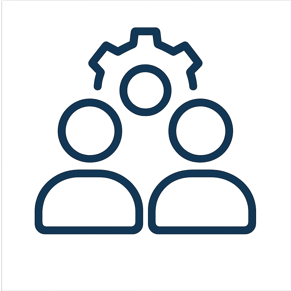 Team members and gear icon representing collaboration
