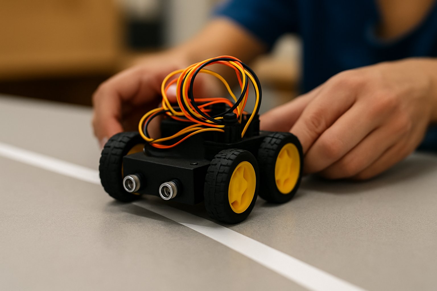 Small wheeled robot on a taped path with visible IR sensors; student hands adjusting wiring.
