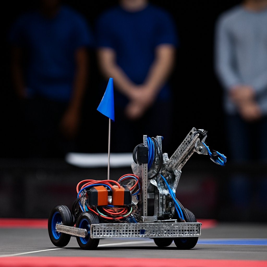 REC robot on the practice field with students in the background