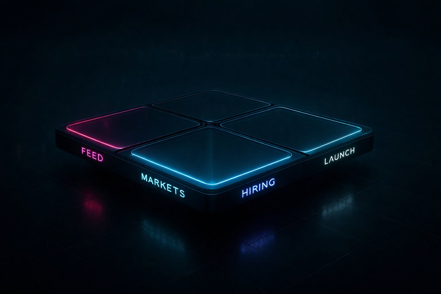 A dark, moody 3D-rendered illustration of four low, glossy rounded-square platforms arranged in a 2x2 grid, each rimmed with neon light — pink on the left tile and cyan/blue on the others — hovering just above a reflective tiled floor. The illuminated side labels read "FEED" (pink), "MARKETS" (cyan), "HIRING" (purple-blue) and "LAUNCH" (white), with strong negative space and soft floor reflections creating a futuristic, minimal composition.