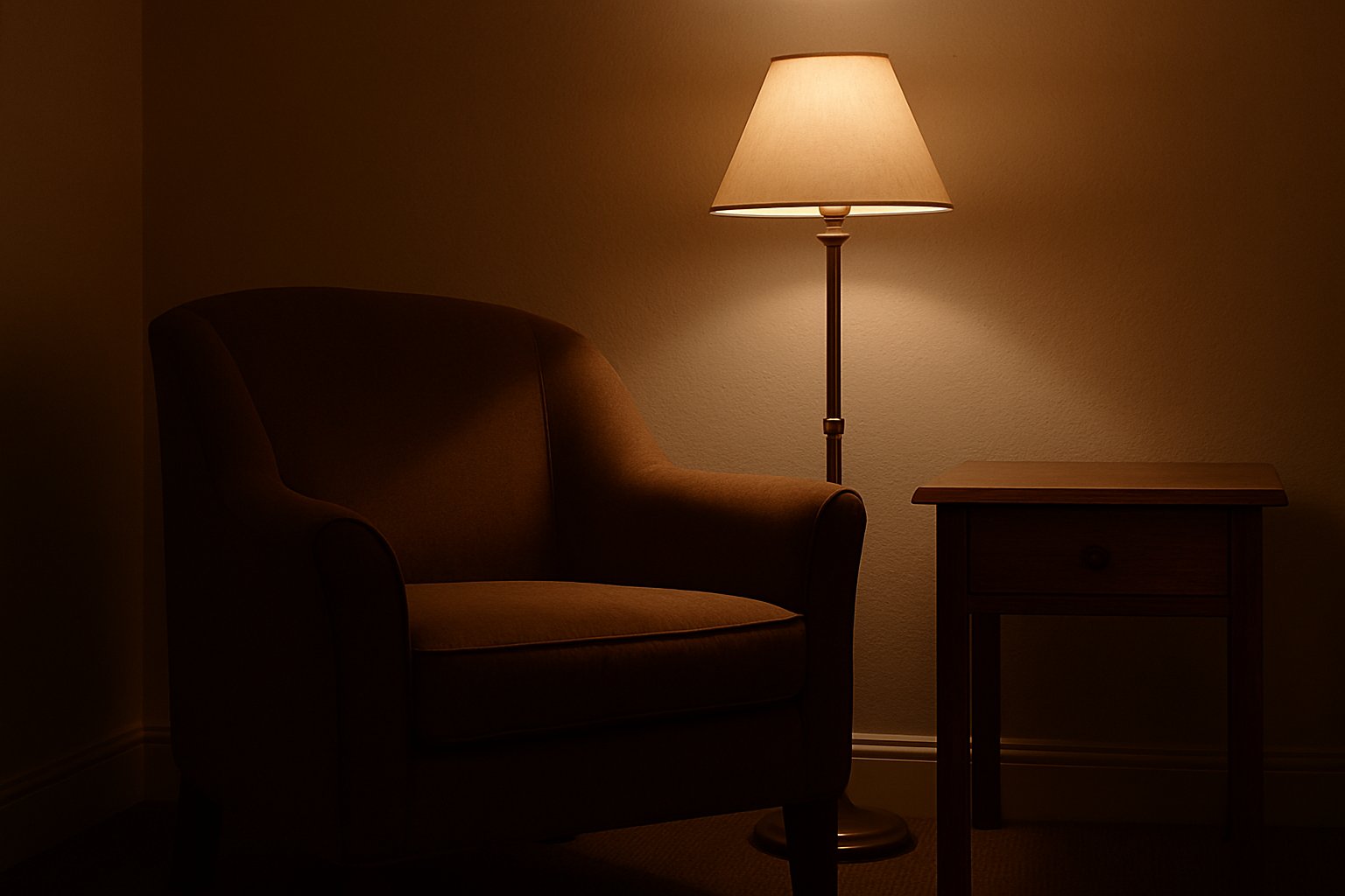 Warmly lit boutique hotel lounge with armchair and lamp