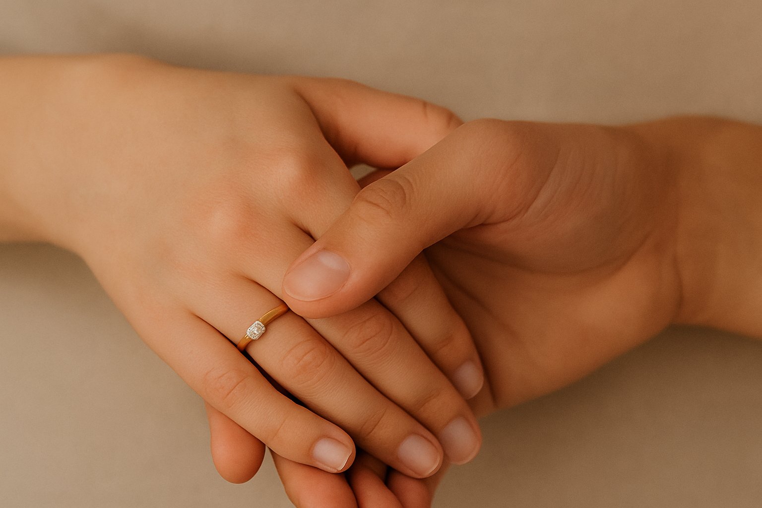 Intertwined hands, ring glinting softly
