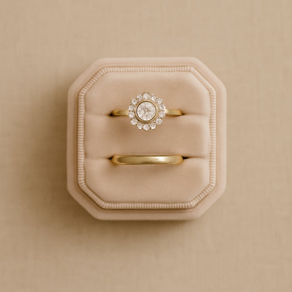 Close-up of engagement rings in a blush velvet box