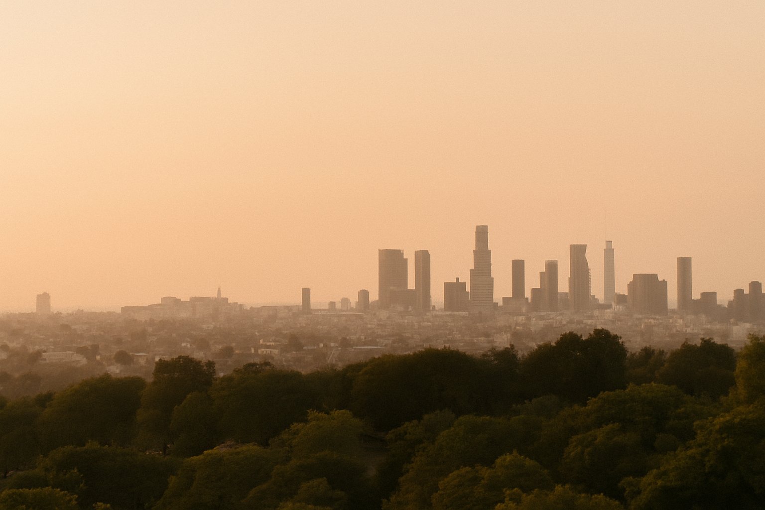 City skyline at golden hour with blush sky