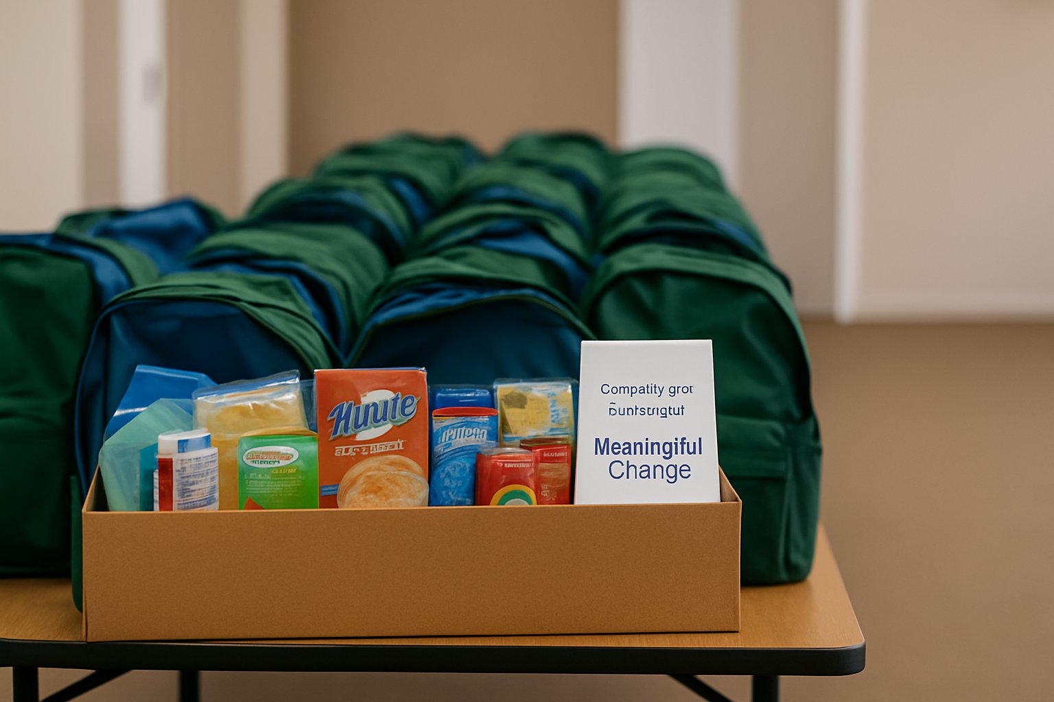Meal-kit backpacks lined up with a box of pantry items and a tent card reading 'Meaningful Change'.